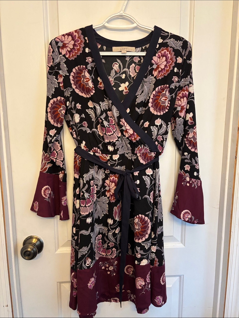 LOFT Black Floral Dress with Wine Accents